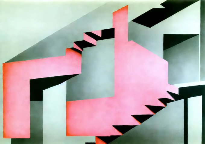 A geometric abstract painting depicting a large pink, cross-shaped architectural form with zigzag staircases, set against gray and white planes.