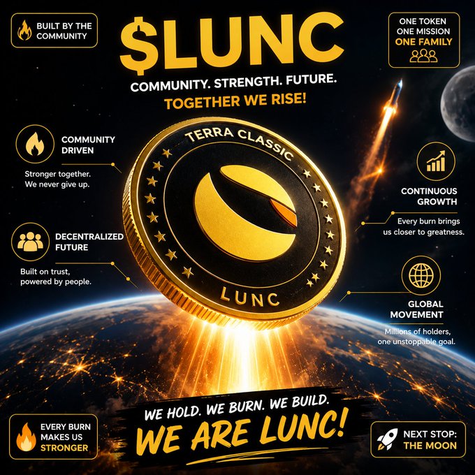 A promotional graphic for '$LUNC' (Terra Classic) cryptocurrency featuring a gold coin, a rocket, and text including 'COMMUNITY. STRENGTH. FUTURE. TOGETHER WE RISE!' and 'WE HOLD. WE BURN. WE BUILD. WE ARE LUNC!'.