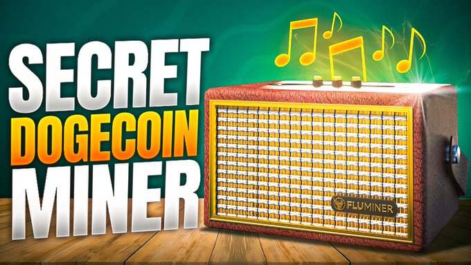 A promotional graphic featuring the text "SECRET DOGECOIN MINER" alongside a vintage-style speaker labeled "FLUMINER," which highlights the Fluminer L2's impressive specs of 1.2 Gh/s hashrate at 280W, blending nostalgic speaker aesthetics with cryptocurrency mining functionality as noted in the post.