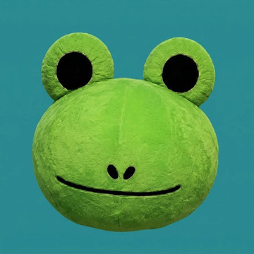 A green frog head plush toy with large black eyes and a smiling face against a teal background.