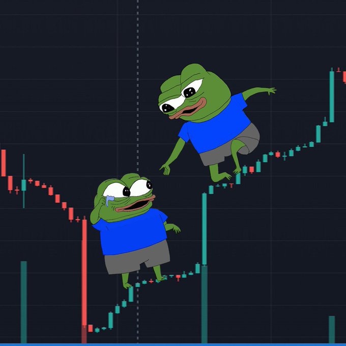 A meme image of two sad Pepe the Frog characters in blue shirts standing on a stock trading candlestick chart with red and green bars.
