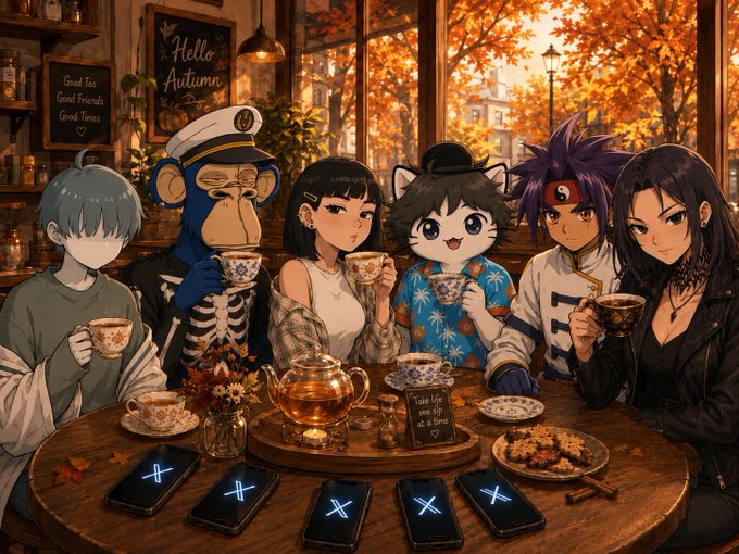 A cozy autumn tea gathering features anime-style characters, including a skeleton in a sailor hat and a cat-girl, enjoying cups of tea around a wooden table with a 'Hello Autumn' sign and a 'Good Tea, Good Friends, Good Times' chalkboard in the background.