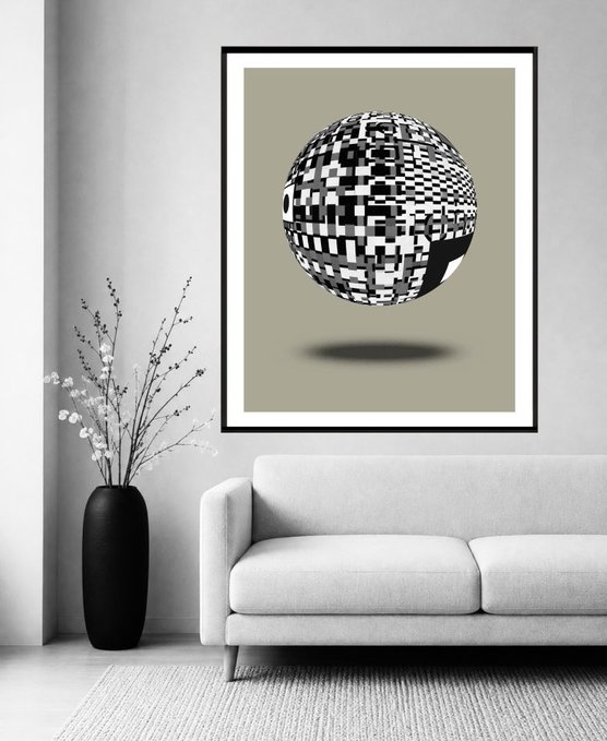 A modern living room scene features a framed abstract artwork of a black and white pixelated/checkered sphere floating above a shadow, mounted above a light gray sofa next to a black vase with white floral branches.