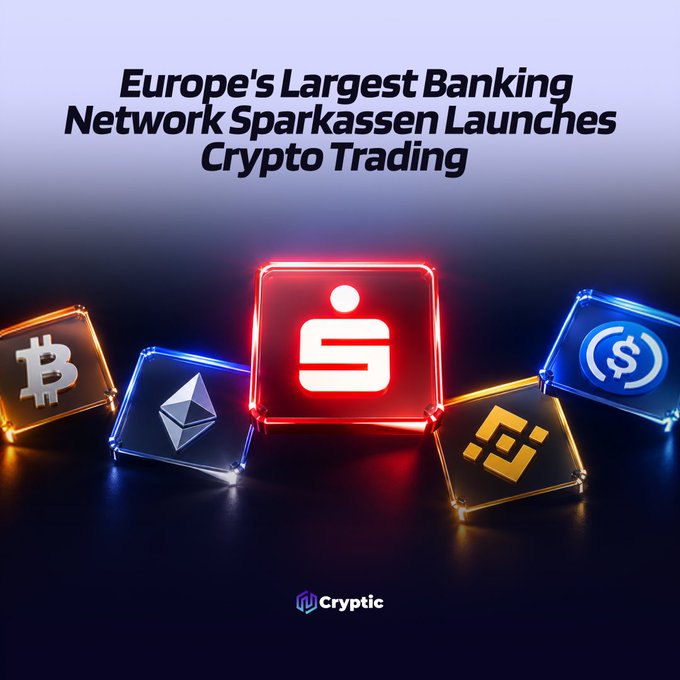 Promotional graphic announcing “Europe’s Largest Banking Network Sparkassen Launches Crypto Trading.” It features glowing crypto tiles for Bitcoin ($BTC), Ethereum ($ETH), Binance ($ symbol), and a central Sparkassen “S” logo, with a “Cryptic” logo at the bottom.