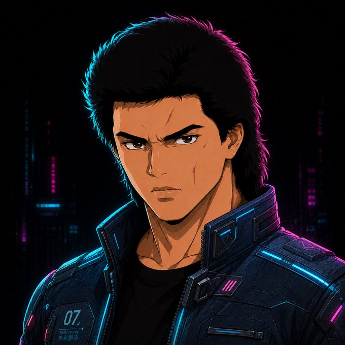 An anime-style illustration of a man with dark hair wearing a futuristic blue jacket with glowing neon pink and blue accents against a dark cyberpunk cityscape.