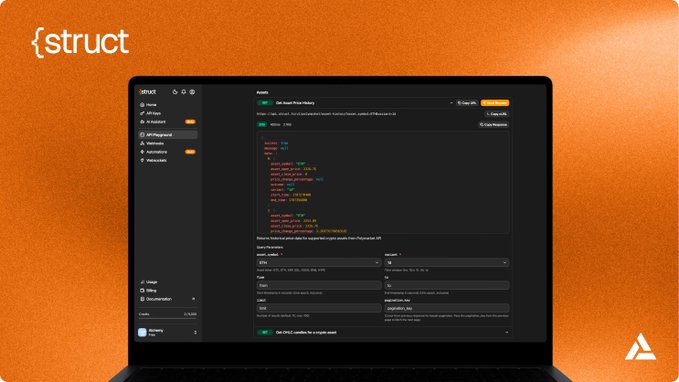 Promotional image for {struct} showing a laptop displaying a Python-based smart contract development interface with code for a 'DCA Experiment' asset, set against an orange textured background.