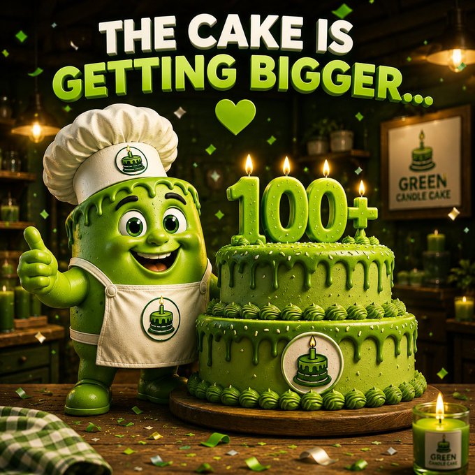 A promotional graphic reads 'THE CAKE IS GETTING BIGGER...' featuring a green cartoon chef character next to a tiered green cake with '100+' candles, branded with 'Green Candle Cake' logo.
