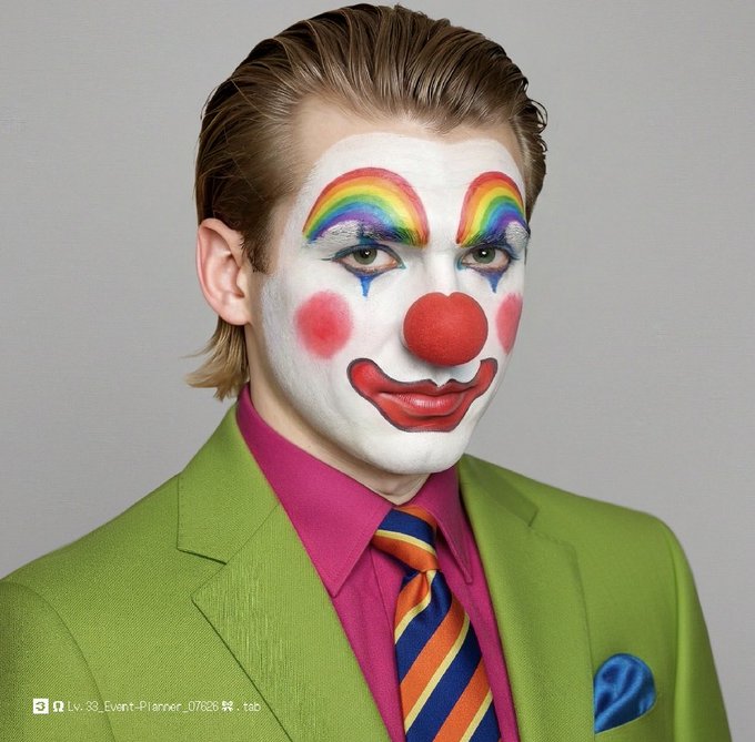 A person dressed as a clown with white face paint, colorful rainbow eyebrows, a red nose, a green suit, pink shirt, and striped tie.
