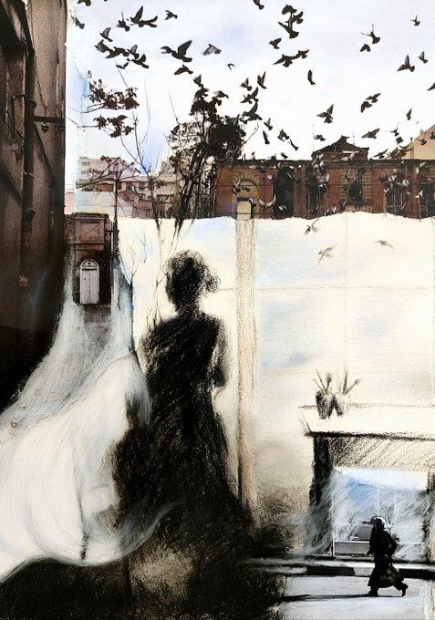 A ghostly figure stands before a dreamlike urban scene where a flock of birds swarms across the sky, with a smaller figure running in the foreground below. The artwork's ethereal, mixed-media composition—blending charcoal-like silhouettes with washes of color and architectural elements—evokes the haunting, memory-laden mood described in the caption, where birds serve as awakening symbols stirring a dormant inner sky.