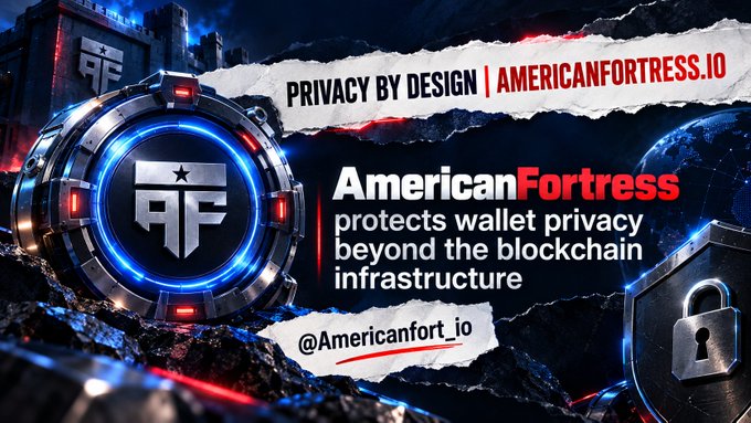 An advertisement for 'AmericanFortress.io' featuring a futuristic vault graphic with the letters 'AF'. The text reads 'PRIVACY BY DESIGN' and 'AmericanFortress protects wallet privacy beyond the blockchain infrastructure', along with the handle '@Americanfort_io'.