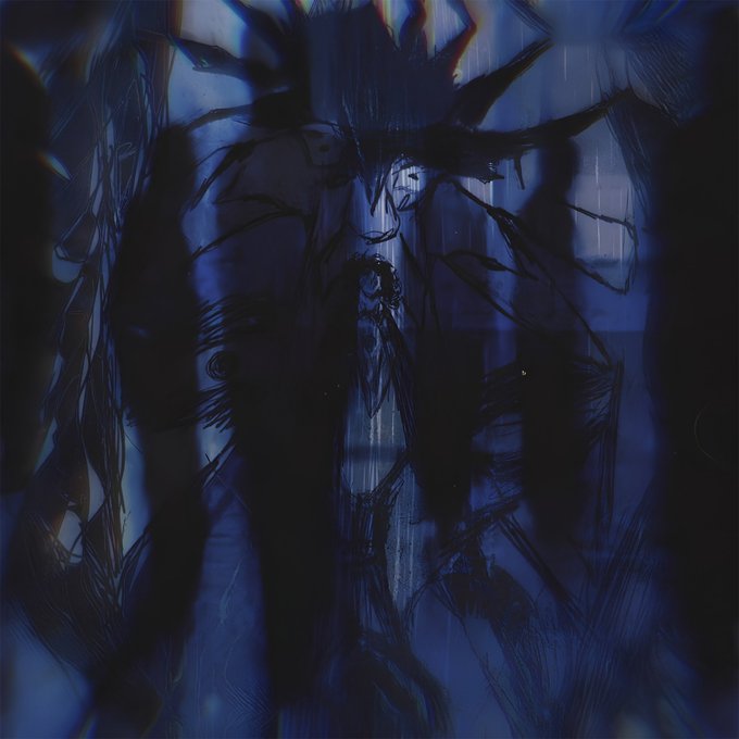 A haunting dark blue abstract artwork featuring spindly, chaotic lines and tendrils that resemble either fractured tree branches or a distorted skeletal figure drowning in shadow, visually echoing the theme of intrusive thoughts spiraling endlessly in one's mind. Marked "1/1 on Tezos," the piece's unsettling, web-like composition mirrors the inescapable mental loop described in the caption.