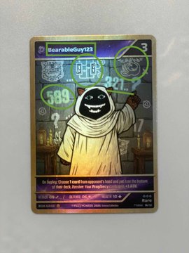 A holographic BearableGuy123 trading card (number 3) featuring a ghostly figure in a robe, with the number "589" prominently displayed in green holographic foil, connecting to the post's reference to "Day 589" and its green light significance.