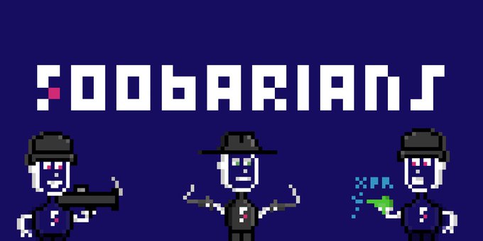 The image features a blue banner with white text that says "Foobarians" at the top. Below this, there are three cartoon characters wearing hats and holding weapons such as guns and swords. The characters appear to be engaged in combat or fighting each other. In the bottom right corner of the image, there is a small amount of text that reads "Focus on what is in the image and how it relates to the post".