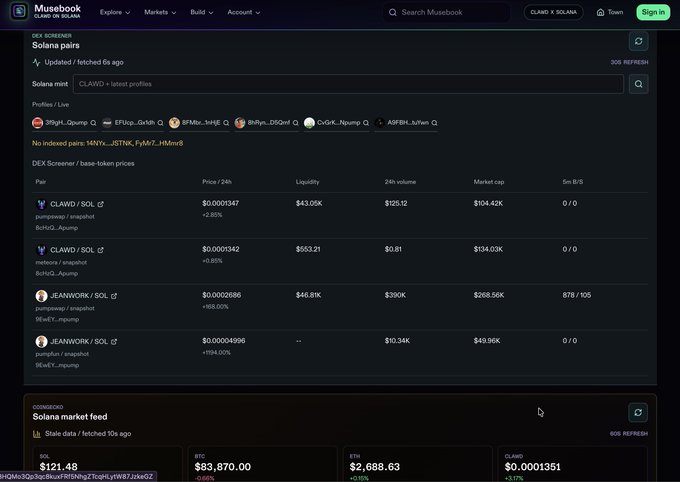Screenshot of the DEX Screener showing Solana trading pairs, including CLAWD/SOL and BEANWORK/SOL with prices, liquidity, and 24h volume data.