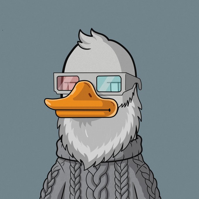 An illustration of a white duck-like character wearing 3D glasses and a gray cable-knit sweater against a blue-gray background.
