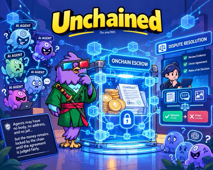 A colorful cartoon illustration titled 'Unchained (by pop789)' depicting a purple bird character with 3D glasses and a sword, with panels labeled 'AI AGENT', 'ONCHAIN ESCROW', and 'DISPUTE RESOLUTION' showing 'Release Funds' and 'Keep Locked' options.