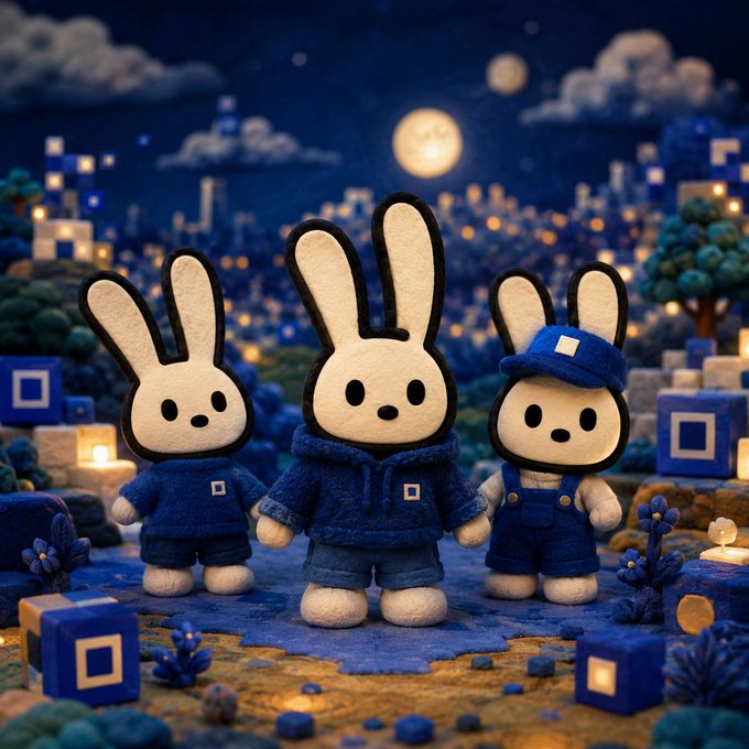 Three plush bunny figures wearing blue clothing stand together in a nighttime scene with a moonlit cityscape and glowing blue blocks in the background.