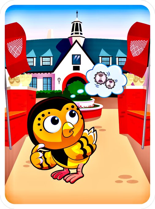 Cartoon artwork depicting a yellow and black bee-like character looking worriedly at a thought bubble containing gears, standing outside a building with red banners and gold coins.