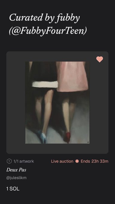 An NFT listing page titled 'Deux Pas' by @juleslikm, curated by fubby (@FubbyFourTeen). The artwork depicts two figures seen from behind wearing contrasting skirts, with a live auction timer showing 'Ends 23h 33m' and a starting bid of '1 SOL'.