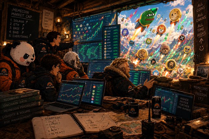 An illustration of a chaotic 'Base Camp' cryptocurrency trading room with multiple traders, monitors showing charts, and memes like a rocket and Pepe.