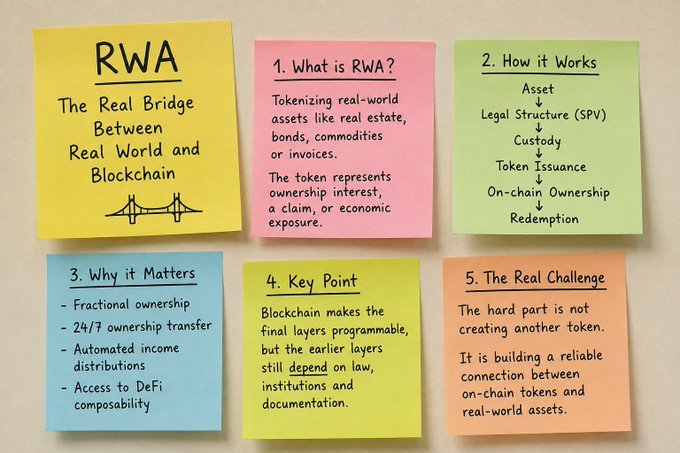 A sticky note presentation titled 'RWA: The Real Bridge Between Real World and Blockchain,' outlining what RWA is, how it works, why it matters, key points, and the real challenge.