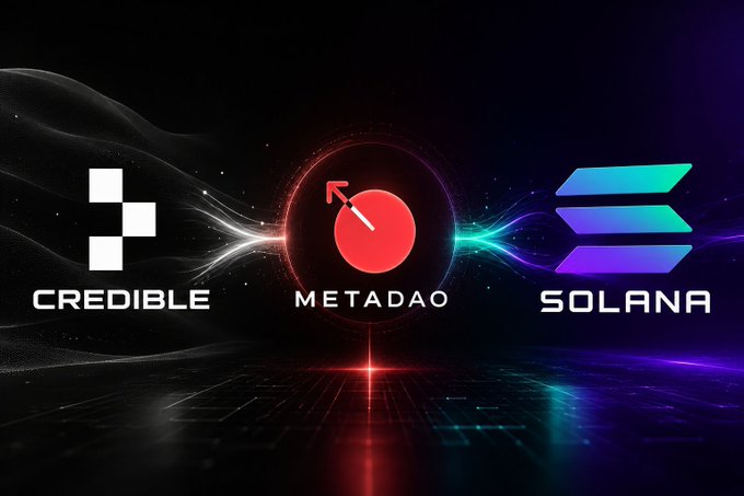 The image displays the logos of Credible, MetaDAO, and Solana against a dark, cosmic-themed background, visually representing the three entities involved in the $CRED ICO launch. This aligns with the post announcing that Credible's ICO is now live on MetaDAO within the Solana ecosystem.