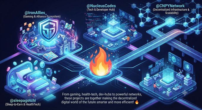 A futuristic digital network illustration showcasing four interconnected Web3 projects—@IronAllies (Gaming & Alliance Ecosystem), @NucleusCodes (Tech & Developer Hub), @CNPYNetwork (Decentralized Infrastructure & Scalability), and @sleepagotchi (Sleep-to-Earn & HealthTech)—all linked by glowing pathways centered around a flame icon, with the caption "From gaming, health-tech, dev-hubs to powerful networks, these projects are together making the decentralized digital world of the future smarter and more efficient!🔥" The image visually represents @sleepagotchi as one node within a broader decentralized ecosystem of innovation, aligning with the post's message about sleep-to-earn gamification being part of a larger Web3 movement.