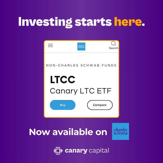 An advertisement on a purple background reads 'Investing starts here. Now available on charles SCHWAB' for the LTCC Canary LTC ETF.
