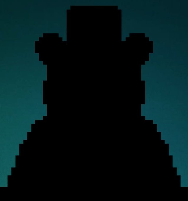 A black pixel-art silhouette of a figure with a square head and wide shoulders against a dark teal background.