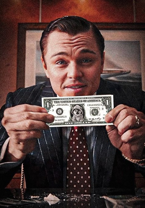 Leonardo DiCaprio as Jordan Belfort from The Wolf of Wall Street holds a one-dollar bill displaying his portrait in place of George Washington's.
