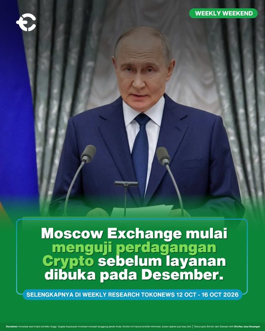 A screenshot of a news thumbnail showing Vladimir Putin speaking at a podium with the Indonesian headline "Moscow Exchange mulai menguji perdagangan Crypto sebelum layanan dibuka pada Desember," published under the "Weekly Weekend" banner by Tokonews, advertising a research piece dated October 12–16, 2026 about Russia's preparation to launch crypto trading in December.