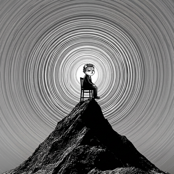 A small figure sits alone on a chair atop a jagged mountain peak, surrounded by swirling concentric rings that create a hypnotic, isolated atmosphere—evoking the eerie loneliness and anticipation of venturing toward Mars, as referenced in the "$ELON" post.