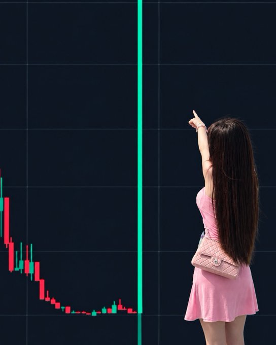 A woman in a pink dress holding a quilted handbag points upward at a green line on a financial candlestick chart that shows a sharp downward trend recovering to a flat baseline.