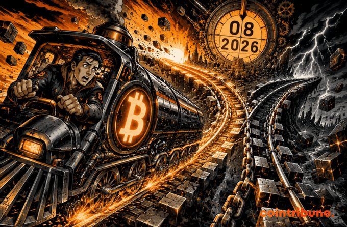 A dramatic digital illustration of a train driven by a panicked man speeding on tracks, featuring a Bitcoin symbol on the front, a clock showing '08 2026', and 'cryptoomic' text in the corner.