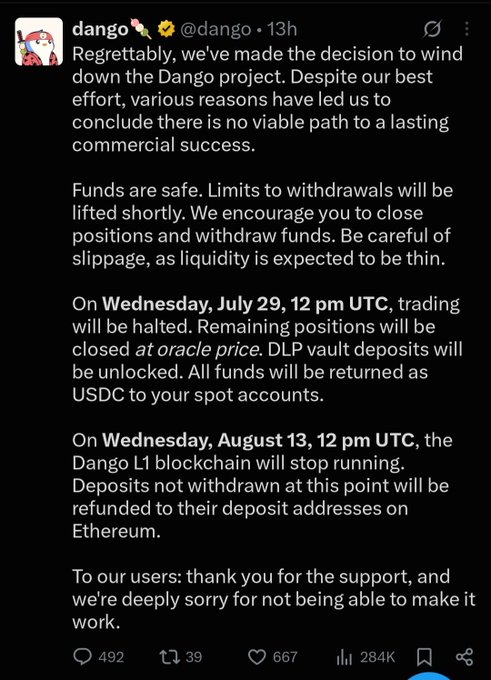 A tweet from user @dango announces the decision to wind down the Dango project due to lack of viable commercial success, outlining timelines for halting trading on July 29 and stopping the L1 blockchain on August 13.