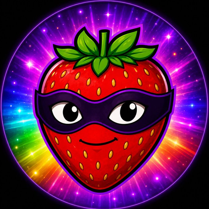 The image features a vibrant cartoon strawberry with its eyes closed, appearing to be asleep or snoozing. It's wearing a blue mask that gives it a whimsical appearance. Surrounding this central figure are stars in different sizes and colors, creating an enchanting atmosphere. Below the illustration of the sleeping strawberry, there is a post related to "Marshall Hayner (#marshallhayner)", which could be about the coin or someone named MarshallHayner. The image focuses on the cartoon strawberry with its unique mask and the eye-catching stars in the background.