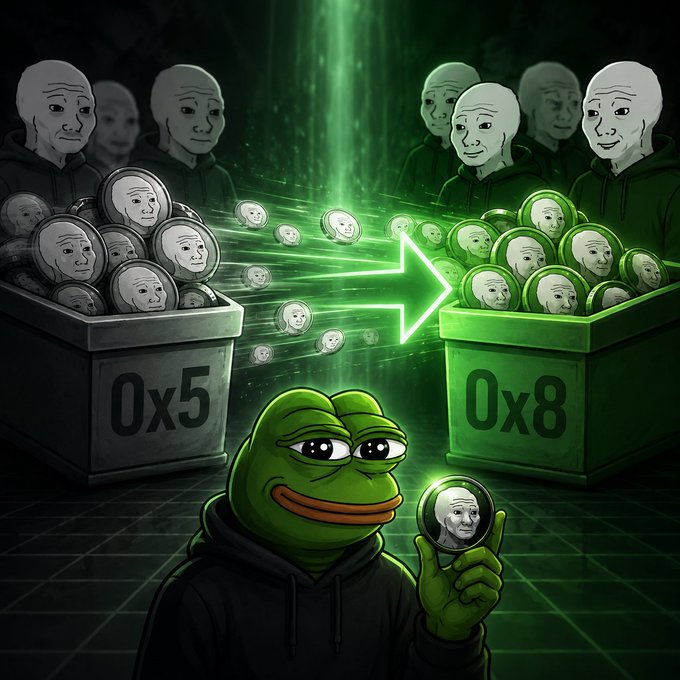 A Pepe the Frog meme illustration shows the character in a hoodie holding a coin, with coins featuring the 'Wojak' face being transferred from a box labeled '0x5' to one labeled '0x8' via a glowing green arrow.