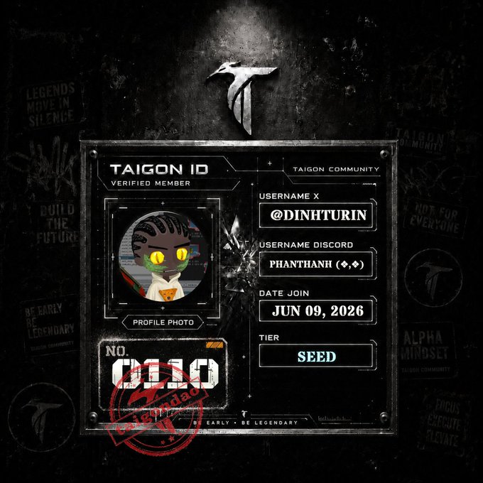 The image features a black background with white text that reads "Tagon ID verified member Tagon Community". The main focus of the image is a character named Dinh Turin, who appears to be a cartoon or animated figure. The character has a name tag on their face and is shown in profile mode against a black background. There are also several stickers surrounding the character, including one with the words "Early" and "NFT".