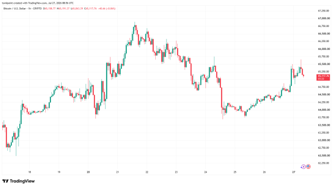 A Bitcoin/USD candlestick chart on TradingView shows BTC trading at $65,103.79 on July 27, 2025, with a 1-hour timeframe displaying a recovery trend from lows around $63,250 to highs near $67,000, supporting the post's claim of a strong recovery at $65.1k with solid structure.