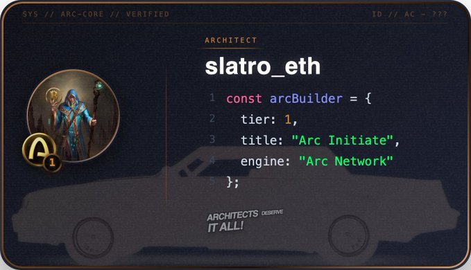 An 'Architect' profile card for user slatro_eth showing tier 1, title 'Arc Initiate', and engine 'Arc Network' with a mage character avatar from the Arc Network system.