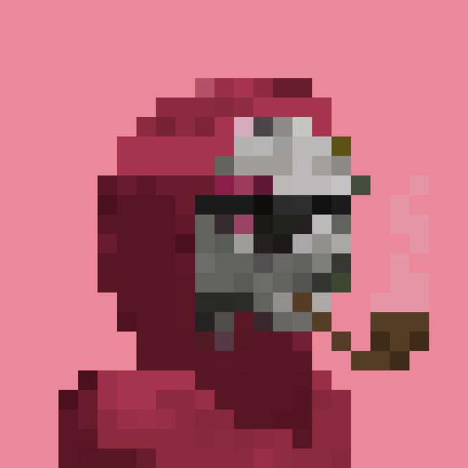A pixel art character with a red hood and gray scarf set against a pink background, holding what appears to be a smoking object.