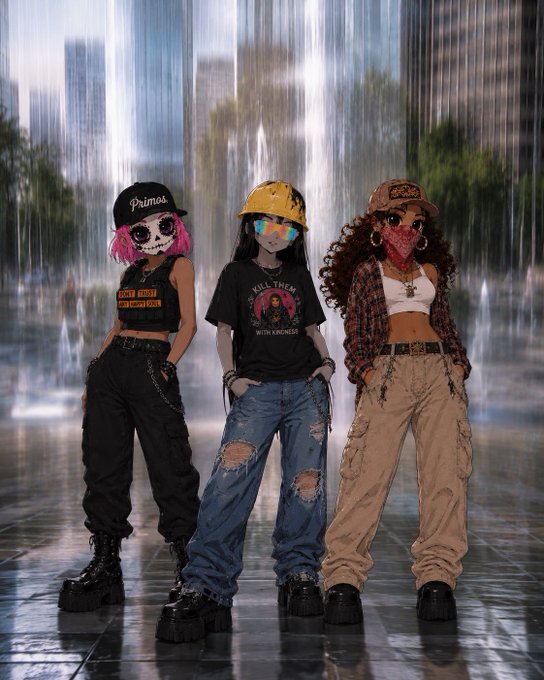 An illustration of three stylized young women in streetwear posing in the rain, wearing a 'Primus' cap, a yellow hard hat with a 'KILL THEM WITH KINDNESS' shirt, and a tan cap with a bandana.