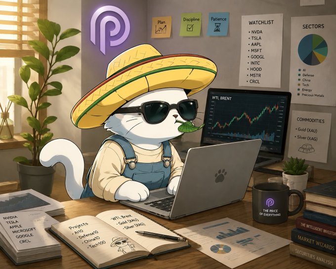 A cartoon cat wearing a sombrero and sunglasses trades WTI Brent and Gold (XAU) on a laptop, with a "Watchlist" showing tickers like NVDA, TSLA, AAPL, and MSFT, and a "Sectors" pie chart on the wall, illustrating Pyth Network's role in delivering reliable off-hours market data for commodities and equities to perpetual trading platforms.