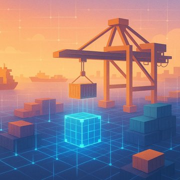 A stylized digital illustration depicts a glowing cyan blockchain cube being loaded by a port crane onto cargo ships, with stacked shipping containers and a network grid on the water, symbolizing the flow of tokenized real-world assets (RWA). The imagery visually represents the post's claim that tokenized RWA deposits surged to $7.4B in Q2 2026, outpacing the decline in overall DeFi deposits.