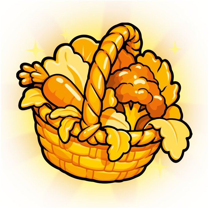 A cartoon-style illustration of a woven basket filled with various bread items like a braided loaf, croissants, and a baguette.