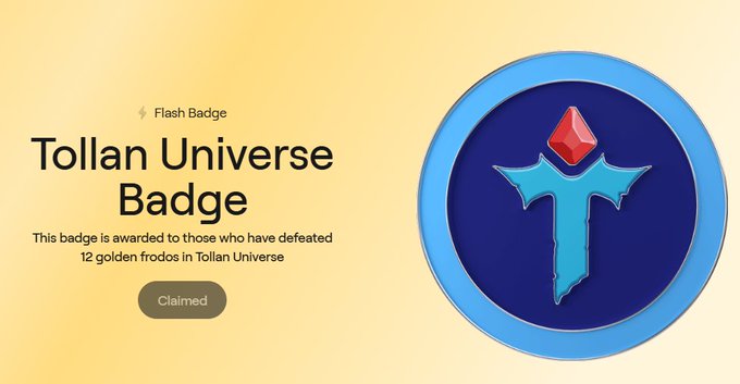 A 'Tollan Universe Badge' marked as 'Claimed', awarded for defeating 12 golden fredos, featuring a blue winged emblem with a red gem.