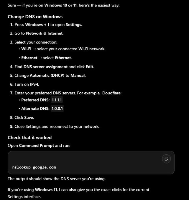 A screenshot provides instructions titled 'Change DNS on Windows,' detailing steps to set manual DNS servers (1.1.1.1 and 1.0.0.1) and verifying the change using the Command Prompt with 'nslookup google.com'.
