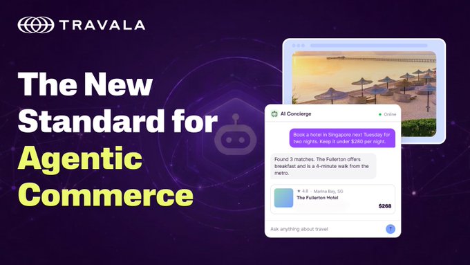 The image promotes Travala as "The New Standard for Agentic Commerce," featuring a screenshot of the AI Concierge booking "The Fullerton Hotel" in Marina Bay, SG for $268, with the assistant highlighting matches within a 4-minute walk from the metro. It visually supports the post's announcement of Travala's agentic commerce tools built on Base, showcasing how developers can integrate 2.2M+ hotels into AI agents with gasless USDC transactions and cbBTC rebates.