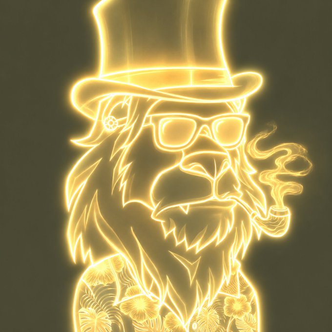 A glowing golden line-art portrait of a duck wearing a top hat, sunglasses, and a floral Hawaiian shirt while smoking a cigar.