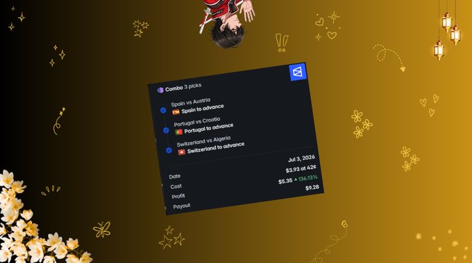 A screenshot of a prediction market interface titled 'Combo 3 picks' featuring football matches (Spain vs Austria, Portugal vs Croatia, Switzerland vs Algeria) with a cost of $5.35 and payout of $9.39, decorated with floral and lantern graphics.